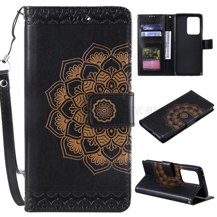 Imprint Malanda Flower PU Leather Wallet Stand Phone Case for Samsung Galaxy S20 Ultra - Black-1