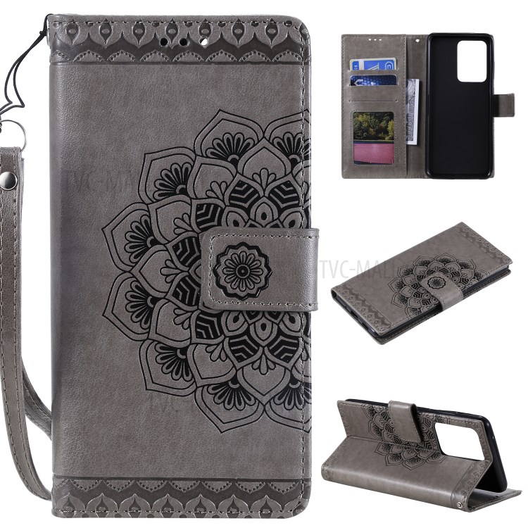 Imprint Malanda Flower PU Leather Wallet Stand Phone Case for Samsung Galaxy S20 Ultra - Grey-1