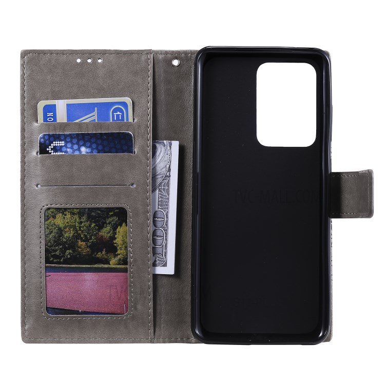 Imprint Malanda Flower PU Leather Wallet Stand Phone Case for Samsung Galaxy S20 Ultra - Grey-4