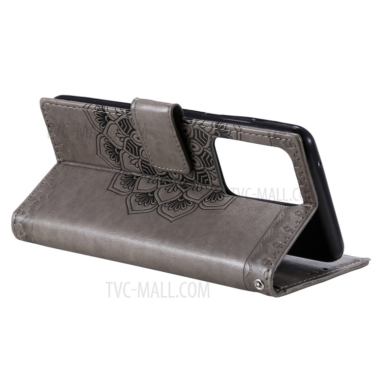Imprint Malanda Flower PU Leather Wallet Stand Phone Case for Samsung Galaxy S20 Ultra - Grey-5