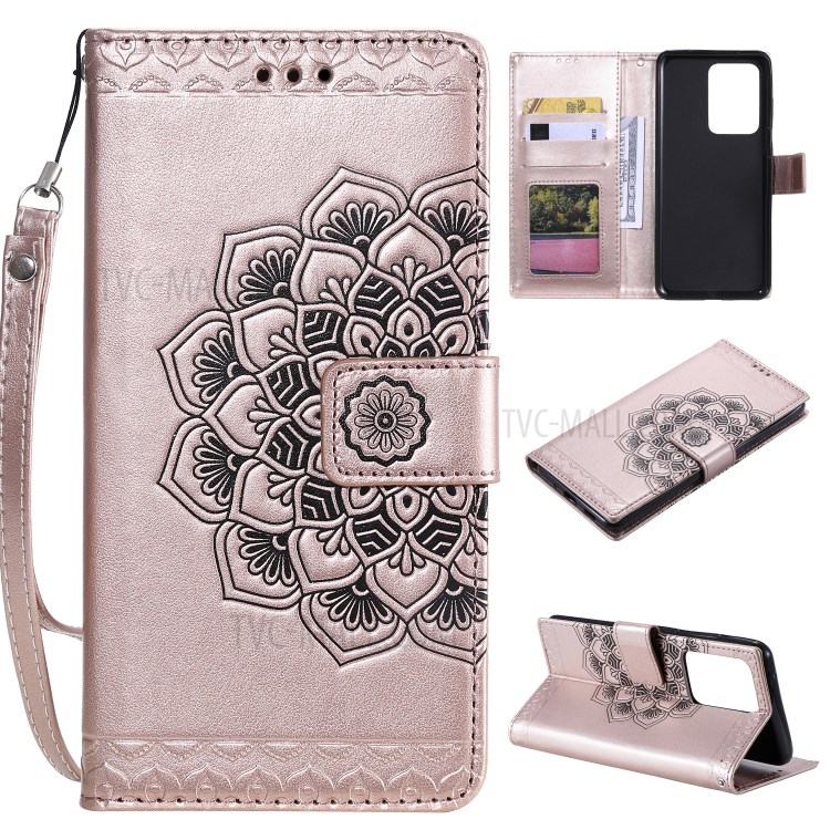 Imprint Malanda Flower PU Leather Wallet Stand Phone Case for Samsung Galaxy S20 Ultra - Rose Gold-1