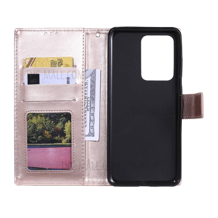 Imprint Malanda Flower PU Leather Wallet Stand Phone Case for Samsung Galaxy S20 Ultra - Rose Gold-4