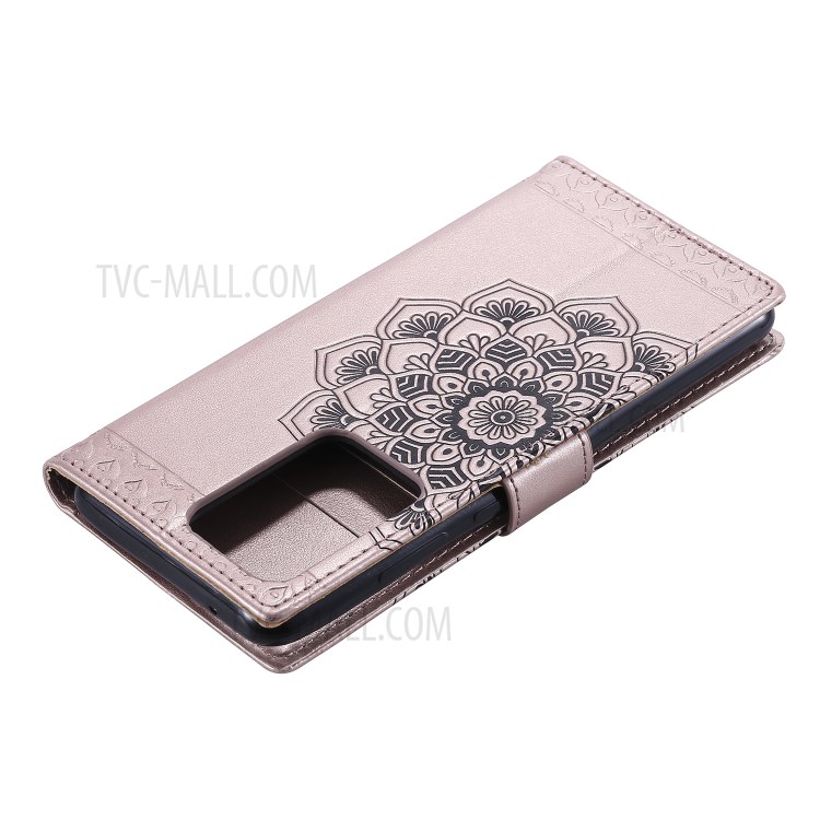 Imprint Malanda Flower PU Leather Wallet Stand Phone Case for Samsung Galaxy S20 Ultra - Rose Gold-6