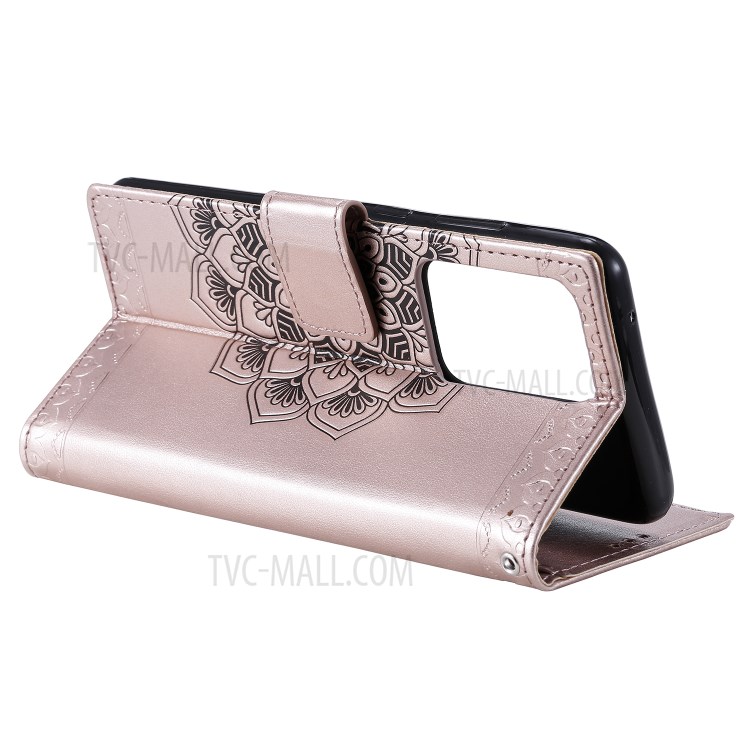 Imprint Malanda Flower PU Leather Wallet Stand Phone Case for Samsung Galaxy S20 Ultra - Rose Gold-7