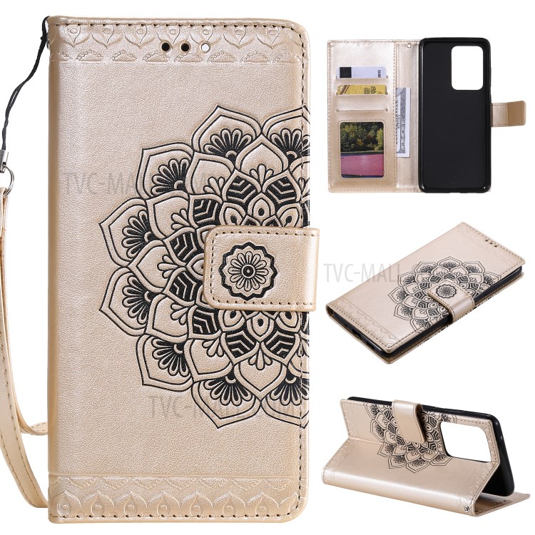 Imprint Malanda Flower PU Leather Wallet Stand Phone Case for Samsung Galaxy S20 Ultra - Gold-1
