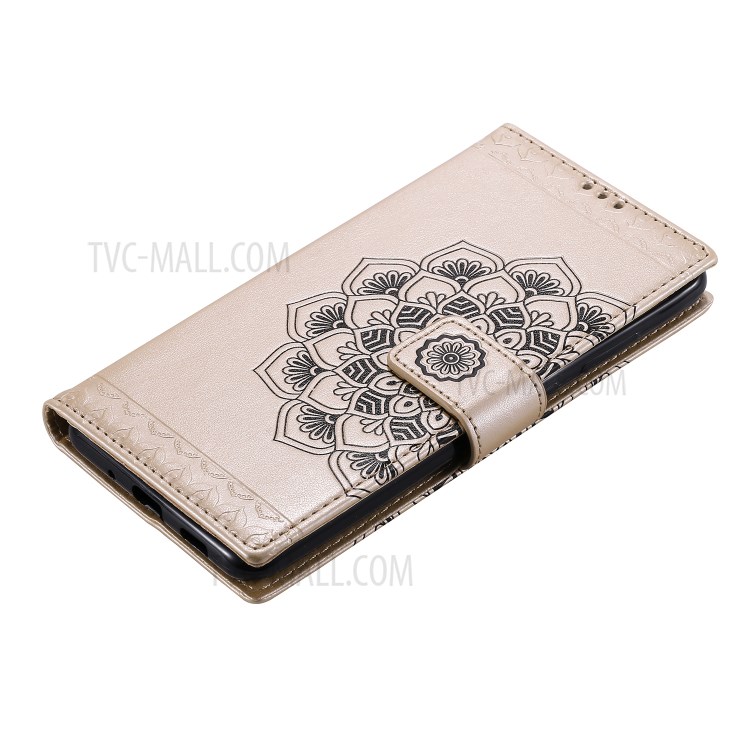 Imprint Malanda Flower PU Leather Wallet Stand Phone Case for Samsung Galaxy S20 Ultra - Gold-5