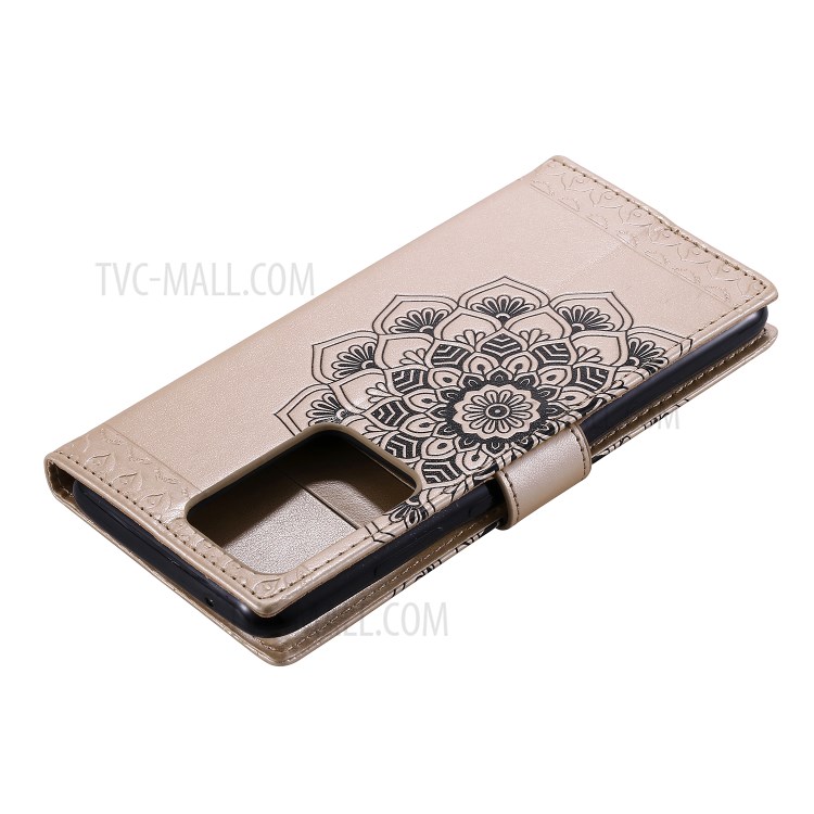 Imprint Malanda Flower PU Leather Wallet Stand Phone Case for Samsung Galaxy S20 Ultra - Gold-6