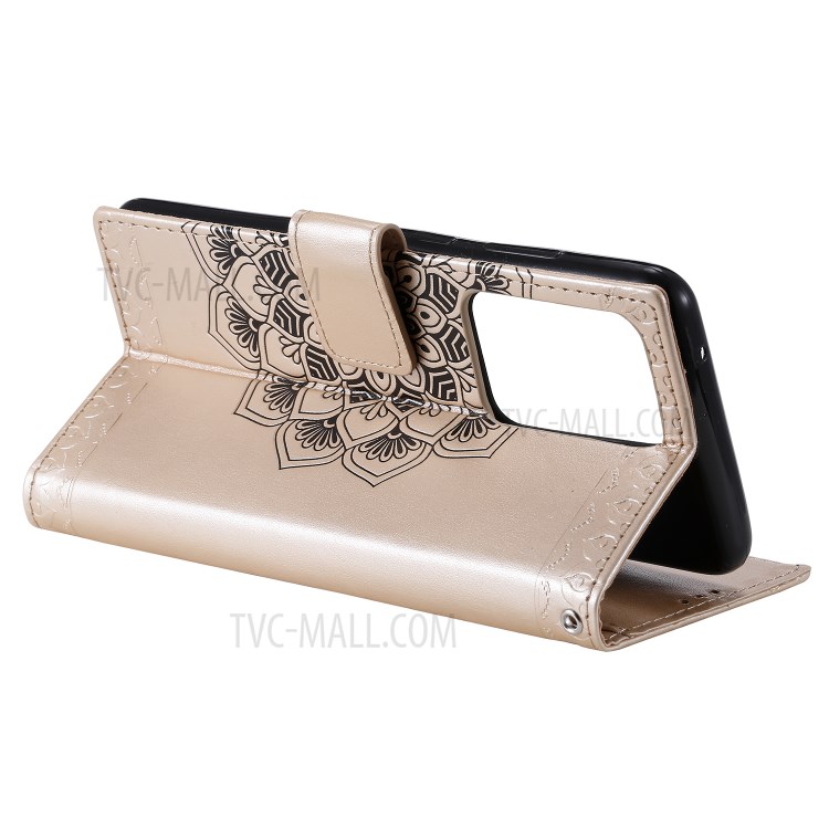 Imprint Malanda Flower PU Leather Wallet Stand Phone Case for Samsung Galaxy S20 Ultra - Gold-7