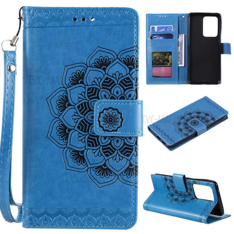 Imprint Malanda Flower PU Leather Wallet Stand Phone Case for Samsung Galaxy S20 Ultra - Blue-1