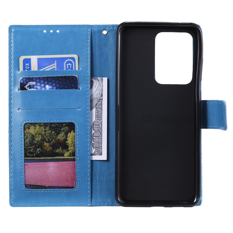 Imprint Malanda Flower PU Leather Wallet Stand Phone Case for Samsung Galaxy S20 Ultra - Blue-4