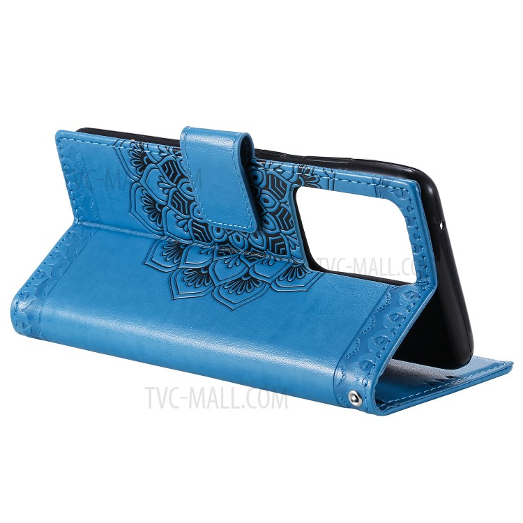 Imprint Malanda Flower PU Leather Wallet Stand Phone Case for Samsung Galaxy S20 Ultra - Blue-5