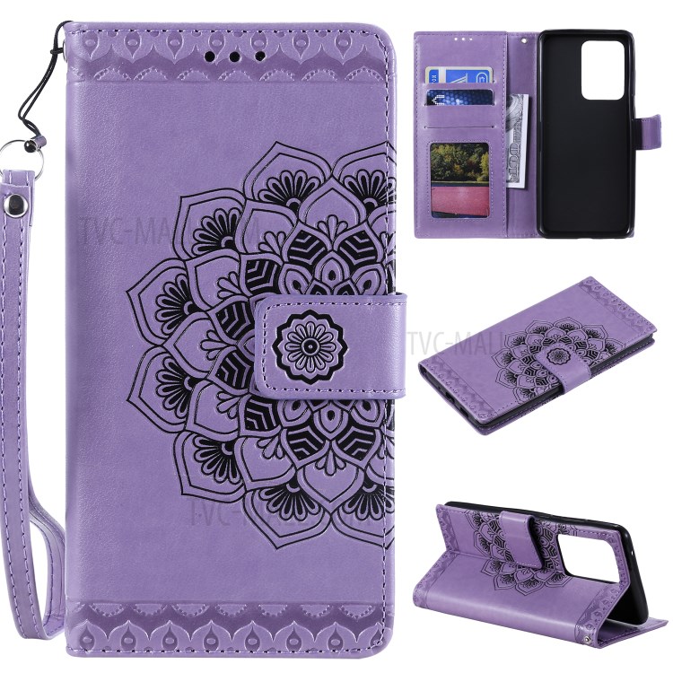 Imprint Malanda Flower PU Leather Wallet Stand Phone Case for Samsung Galaxy S20 Ultra - Purple-1