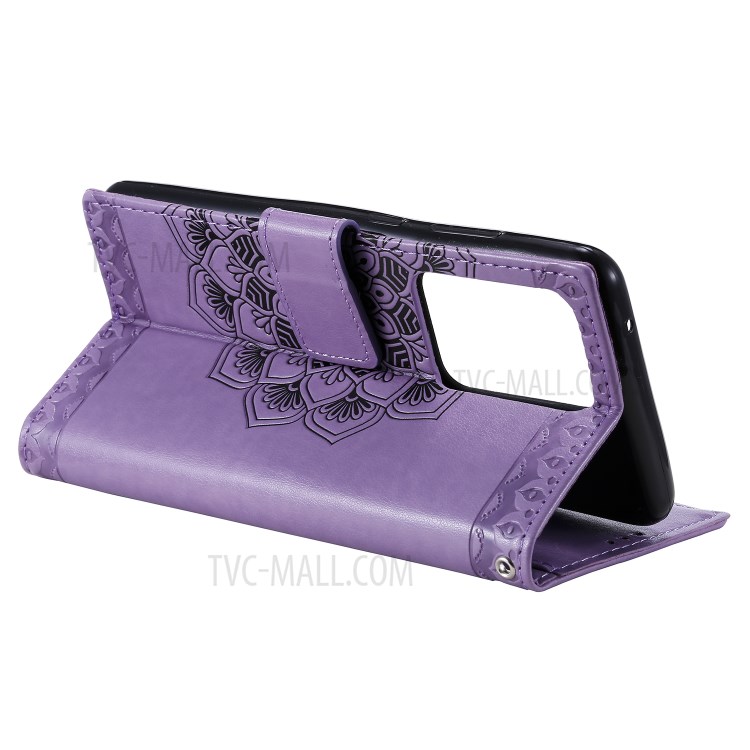 Imprint Malanda Flower PU Leather Wallet Stand Phone Case for Samsung Galaxy S20 Ultra - Purple-4