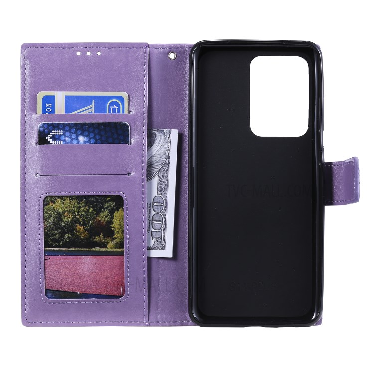Imprint Malanda Flower PU Leather Wallet Stand Phone Case for Samsung Galaxy S20 Ultra - Purple-7