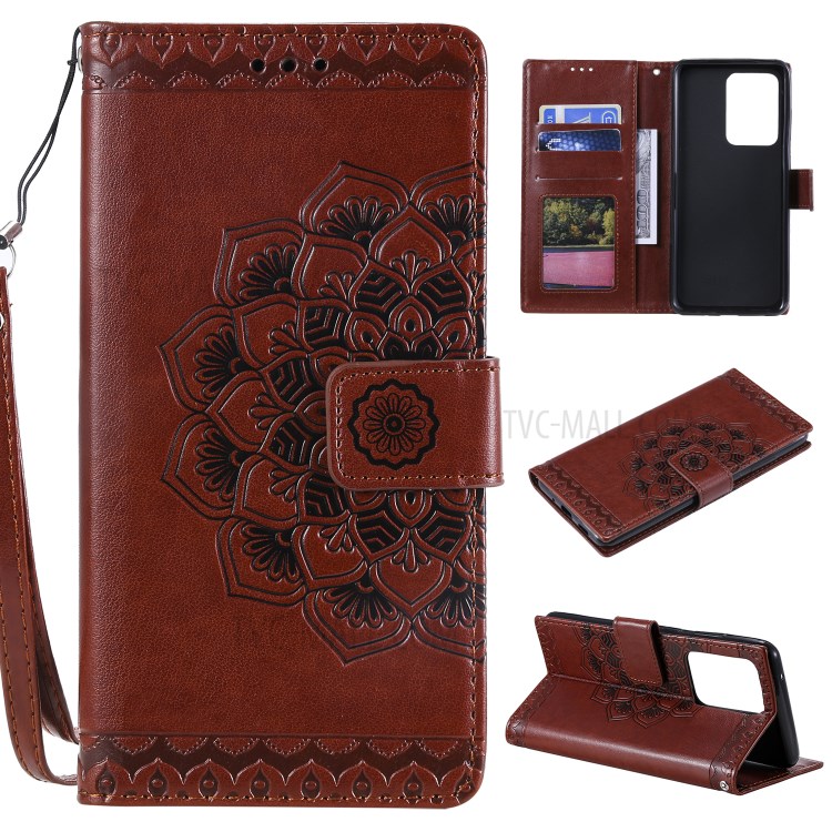 Imprint Malanda Flower PU Leather Wallet Stand Phone Case for Samsung Galaxy S20 Ultra - Brown-1