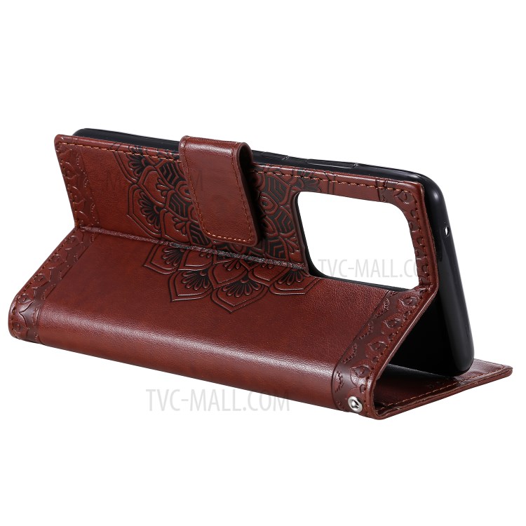 Imprint Malanda Flower PU Leather Wallet Stand Phone Case for Samsung Galaxy S20 Ultra - Brown-5
