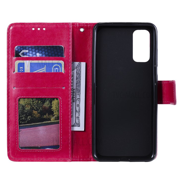 Imprint Malanda Flower PU Leather Wallet Stand Phone Cover for Samsung Galaxy S20 Plus - Rose-4