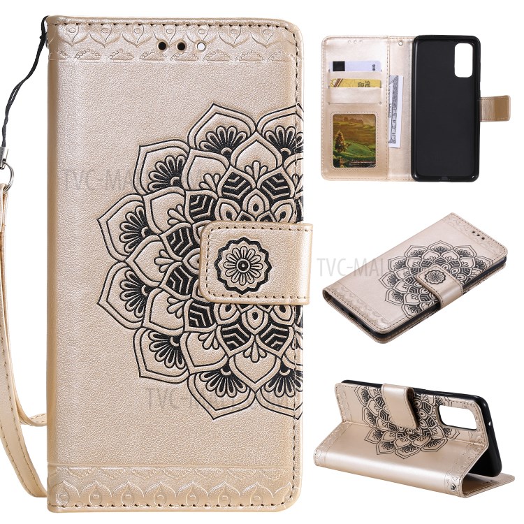 Imprint Malanda Flower PU Leather Wallet Stand Phone Cover for Samsung Galaxy S20 Plus - Gold-1