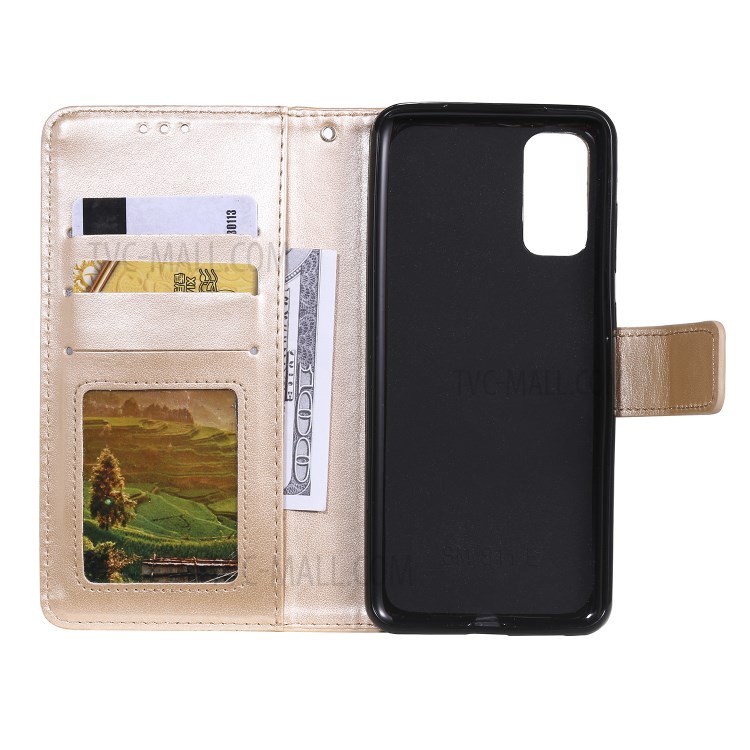 Imprint Malanda Flower PU Leather Wallet Stand Phone Cover for Samsung Galaxy S20 Plus - Gold-4