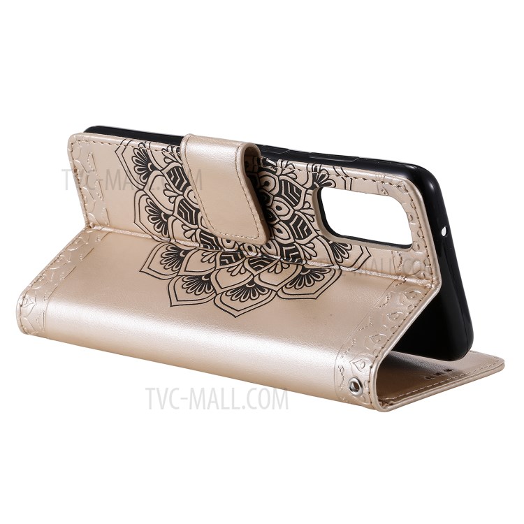 Imprint Malanda Flower PU Leather Wallet Stand Phone Cover for Samsung Galaxy S20 Plus - Gold-5