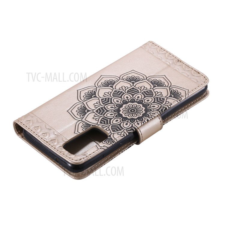 Imprint Malanda Flower PU Leather Wallet Stand Phone Cover for Samsung Galaxy S20 Plus - Gold-7
