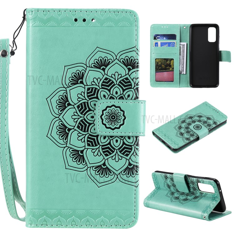 Imprint Malanda Flower PU Leather Wallet Stand Phone Cover for Samsung Galaxy S20 Plus - Cyan-1