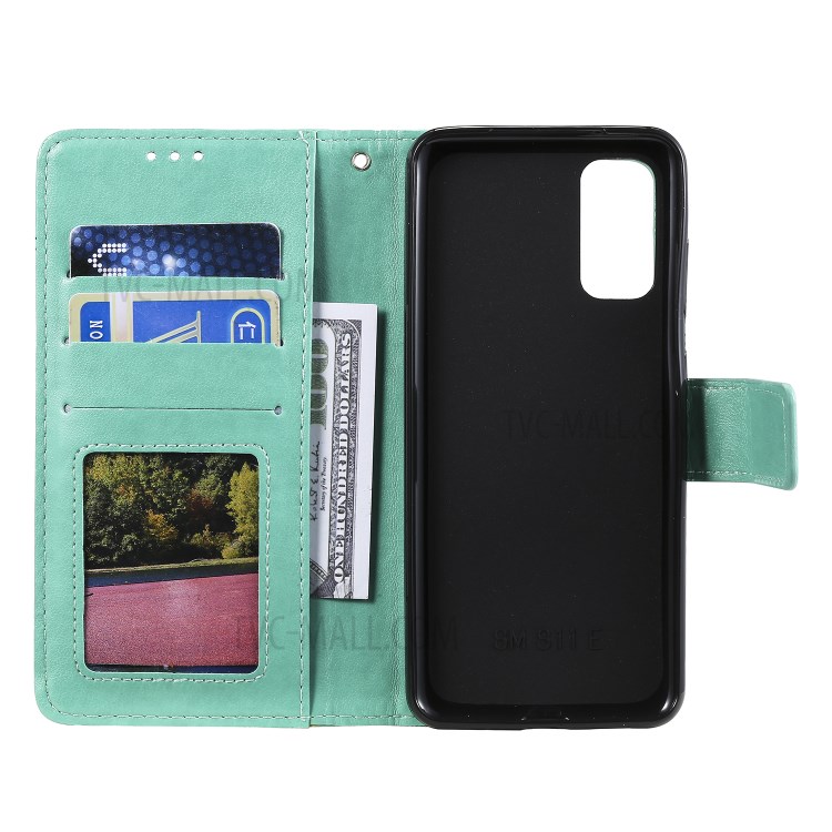 Imprint Malanda Flower PU Leather Wallet Stand Phone Cover for Samsung Galaxy S20 Plus - Cyan-4