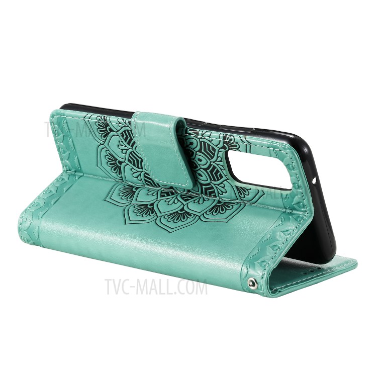 Imprint Malanda Flower PU Leather Wallet Stand Phone Cover for Samsung Galaxy S20 Plus - Cyan-5