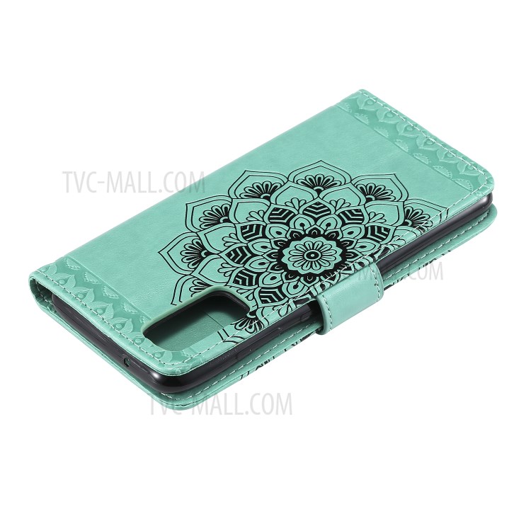 Imprint Malanda Flower PU Leather Wallet Stand Phone Cover for Samsung Galaxy S20 Plus - Cyan-7