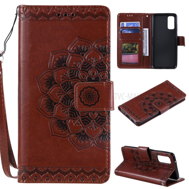 Imprint Malanda Flower PU Leather Wallet Stand Phone Cover for Samsung Galaxy S20 Plus - Brown-1