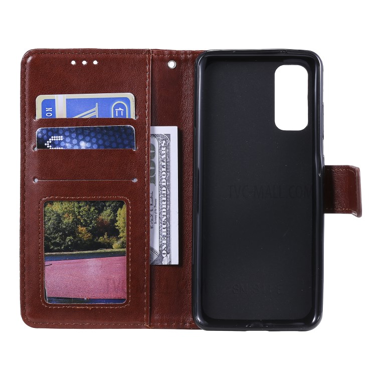 Imprint Malanda Flower PU Leather Wallet Stand Phone Cover for Samsung Galaxy S20 Plus - Brown-4