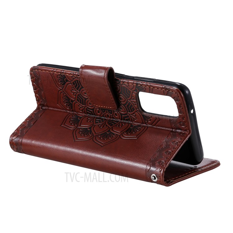 Imprint Malanda Flower PU Leather Wallet Stand Phone Cover for Samsung Galaxy S20 Plus - Brown-5