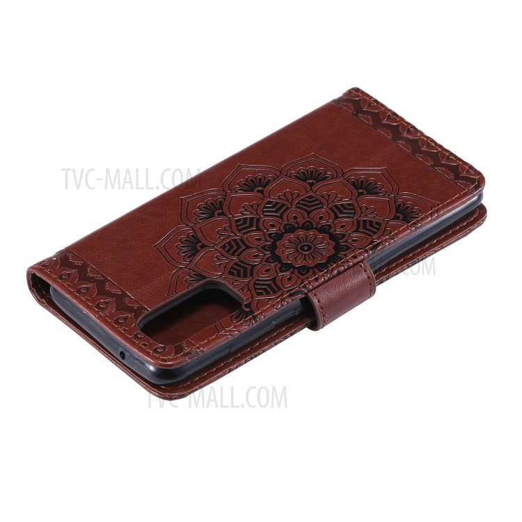 Imprint Malanda Flower PU Leather Wallet Stand Phone Cover for Samsung Galaxy S20 Plus - Brown-7