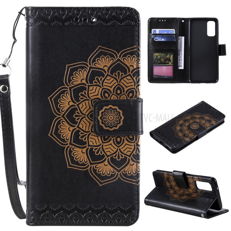 Imprint Malanda Flower PU Leather Wallet Stand Phone Shell for Samsung Galaxy S20 - Black-1