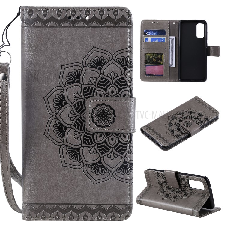Imprint Malanda Flower PU Leather Wallet Stand Phone Shell for Samsung Galaxy S20 - Grey-1