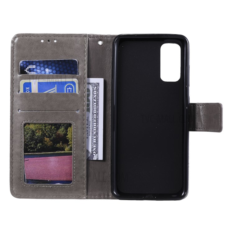 Imprint Malanda Flower PU Leather Wallet Stand Phone Shell for Samsung Galaxy S20 - Grey-4