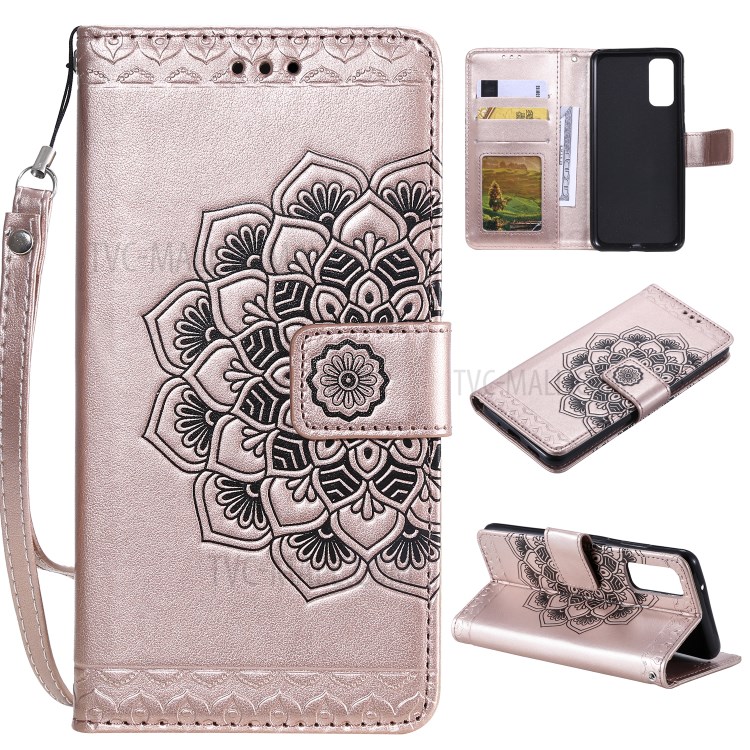 Imprint Malanda Flower PU Leather Wallet Stand Phone Shell for Samsung Galaxy S20 - Rose Gold-1