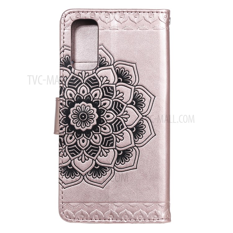 Imprint Malanda Flower PU Leather Wallet Stand Phone Shell for Samsung Galaxy S20 - Rose Gold-3