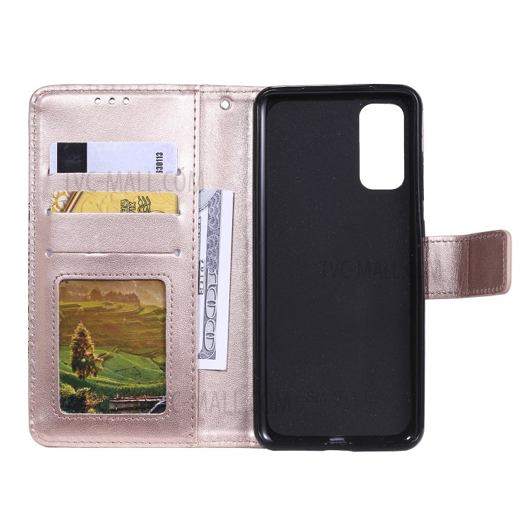 Imprint Malanda Flower PU Leather Wallet Stand Phone Shell for Samsung Galaxy S20 - Rose Gold-4