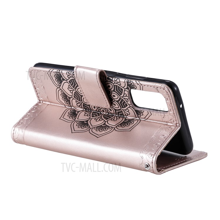 Imprint Malanda Flower PU Leather Wallet Stand Phone Shell for Samsung Galaxy S20 - Rose Gold-5