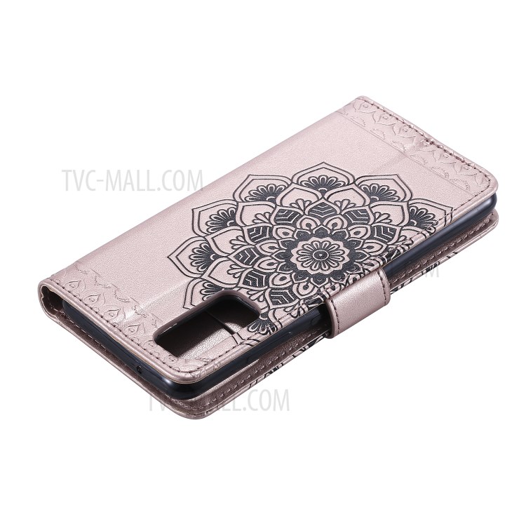 Imprint Malanda Flower PU Leather Wallet Stand Phone Shell for Samsung Galaxy S20 - Rose Gold-7