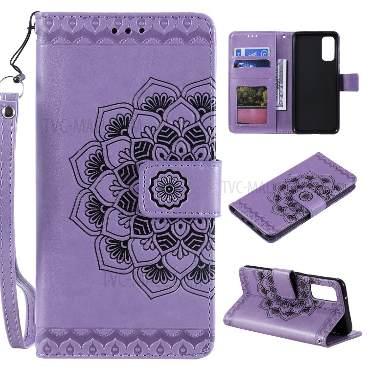 Imprint Malanda Flower PU Leather Wallet Stand Phone Shell for Samsung Galaxy S20 - Purple-1