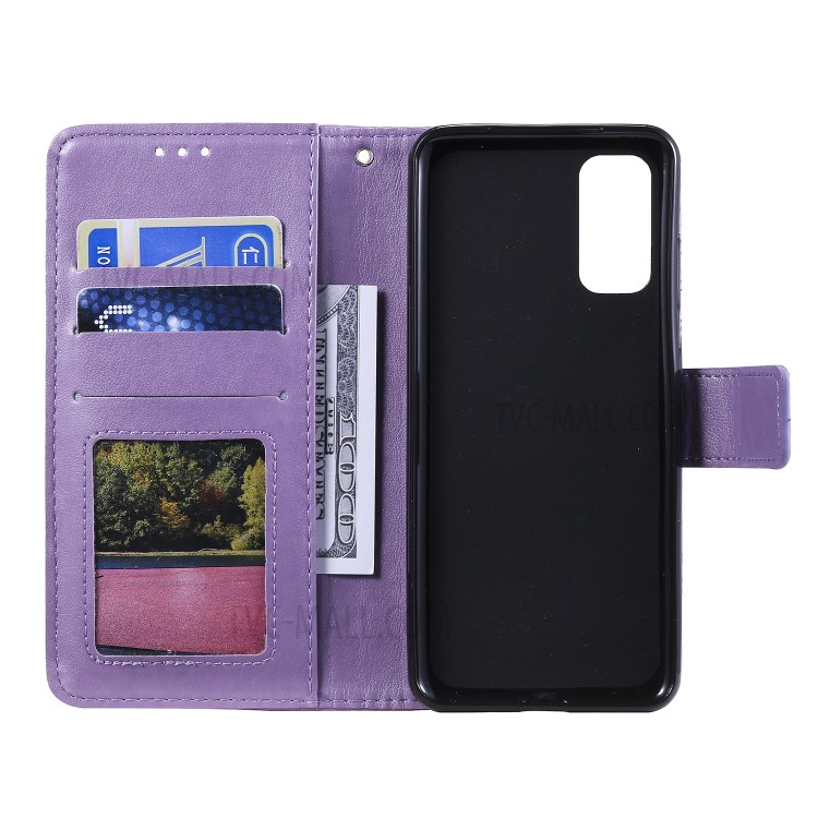 Imprint Malanda Flower PU Leather Wallet Stand Phone Shell for Samsung Galaxy S20 - Purple-4