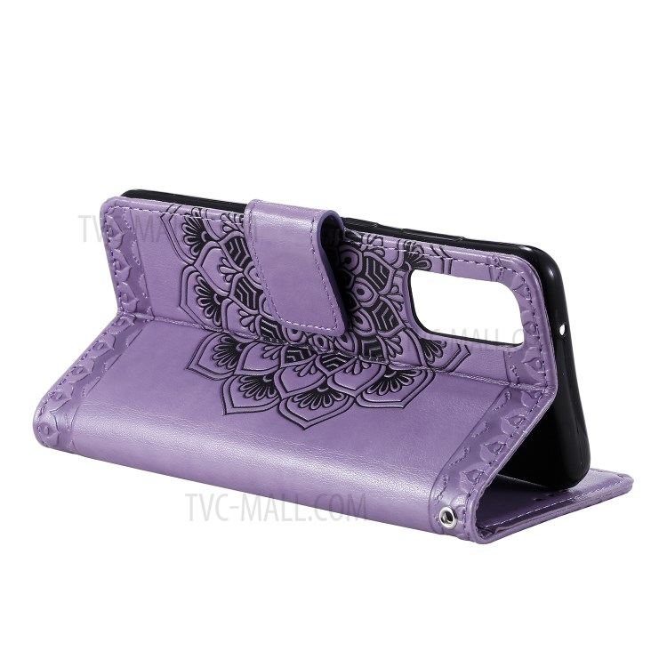 Imprint Malanda Flower PU Leather Wallet Stand Phone Shell for Samsung Galaxy S20 - Purple-5