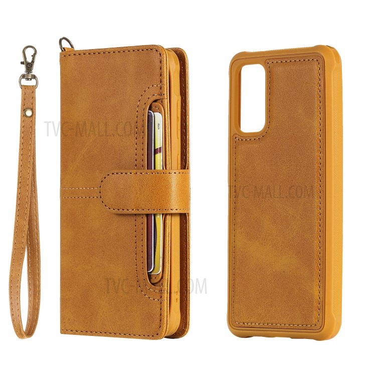 Shockproof Detachable 2-in-1 Retro Leather Wallet Case for Samsung Galaxy S20 - Light Brown-15