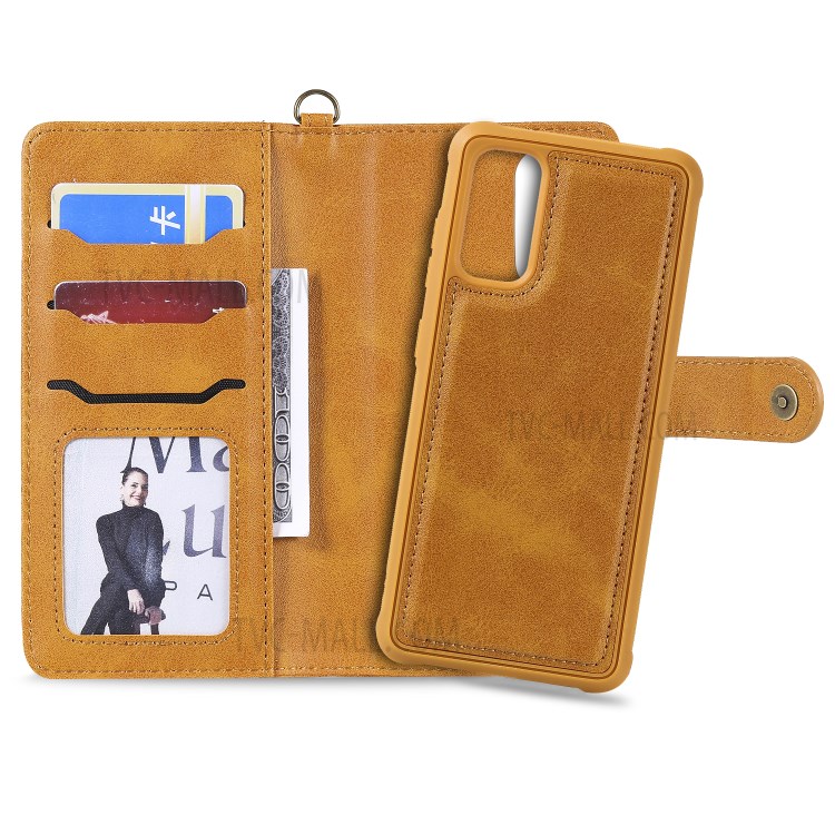 Shockproof Detachable 2-in-1 Retro Leather Wallet Case for Samsung Galaxy S20 - Light Brown-21