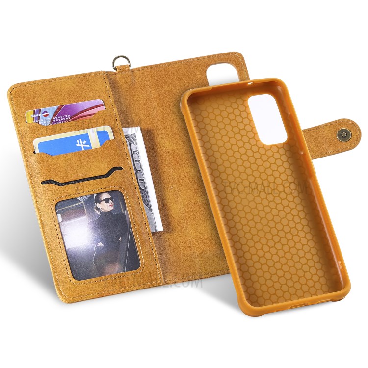 Shockproof Detachable 2-in-1 Retro Leather Wallet Case for Samsung Galaxy S20 - Light Brown-26