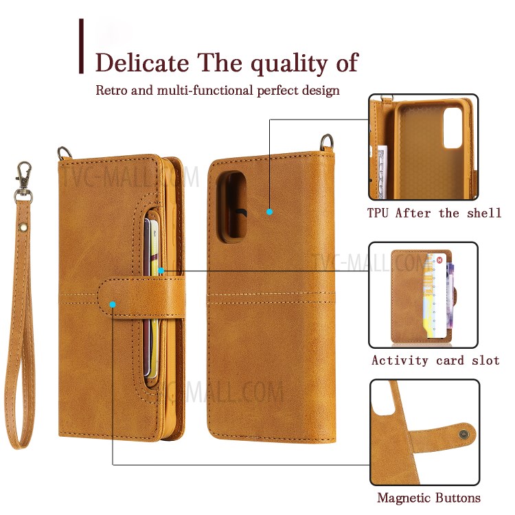 Shockproof Detachable 2-in-1 Retro Leather Wallet Case for Samsung Galaxy S20 - Light Brown-33