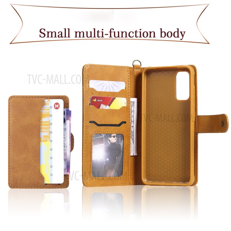 Shockproof Detachable 2-in-1 Retro Leather Wallet Case for Samsung Galaxy S20 - Light Brown-34