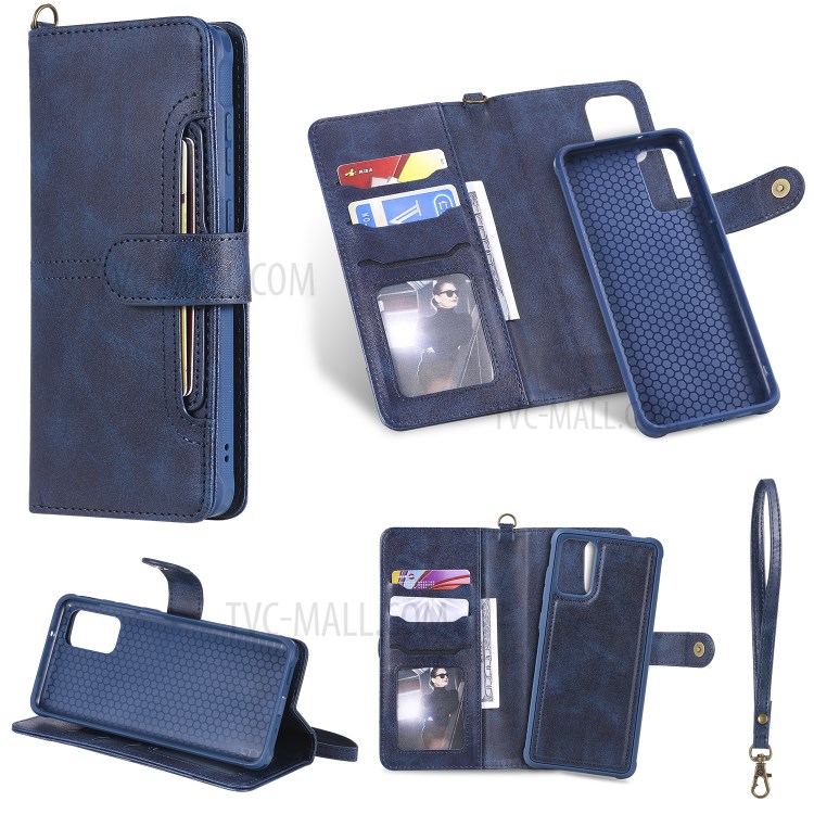 Shockproof Detachable 2-in-1 Retro Leather Wallet Phone Case for Samsung Galaxy S20 Plus - Dark Blue-1